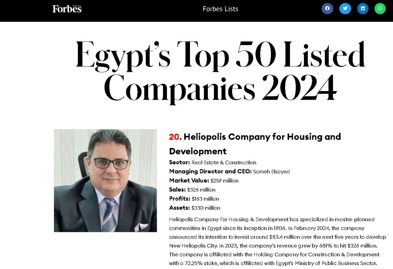 شركة مصر الجديدة للاسكان والتعمير ضمن قائمة فوربس الشرق الأوسط لأفضل 50 شركة فى مصر لعام 2024