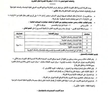“المصرية لنقل الكهرباء” تعلن بدء تلقي طلبات التدريب الصيفي لطلبة الجامعات والمعاهد 