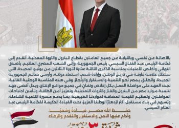 وزير البترول يتقدم إلى فخامة الرئيس عبد الفتاح السيسي بأصدق التهاني بمناسبة الذكرى الثالثة عشرة لثورة الثلاثين من يونيو المجيدة