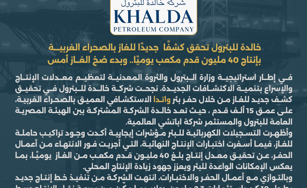 خالدة للبترول تحقق كشفًا جديدًا للغاز بالصحراء الغربية بإنتاج 40 مليون قدم مكعب يوميًا.. وبدء ضخ الغاز أمس